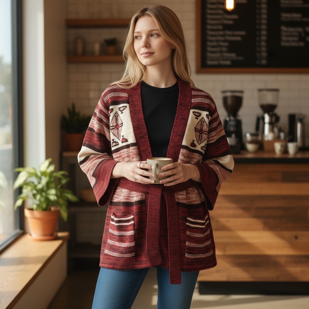 Vintage 70s Aztec Cardigan Pockets 3/4 Flare Sleeve Rust